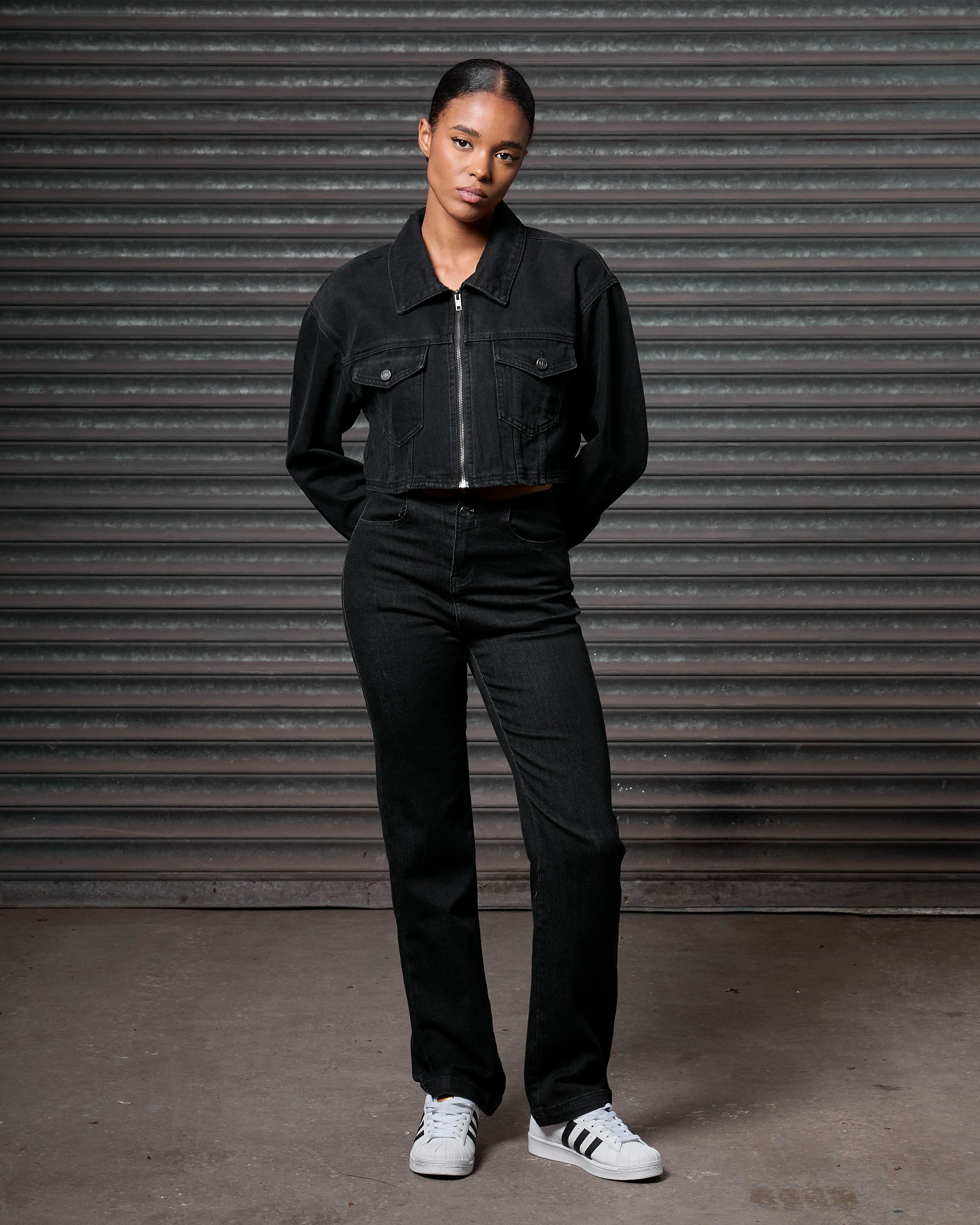 Womens Denim Jacket Black Red - Image 3