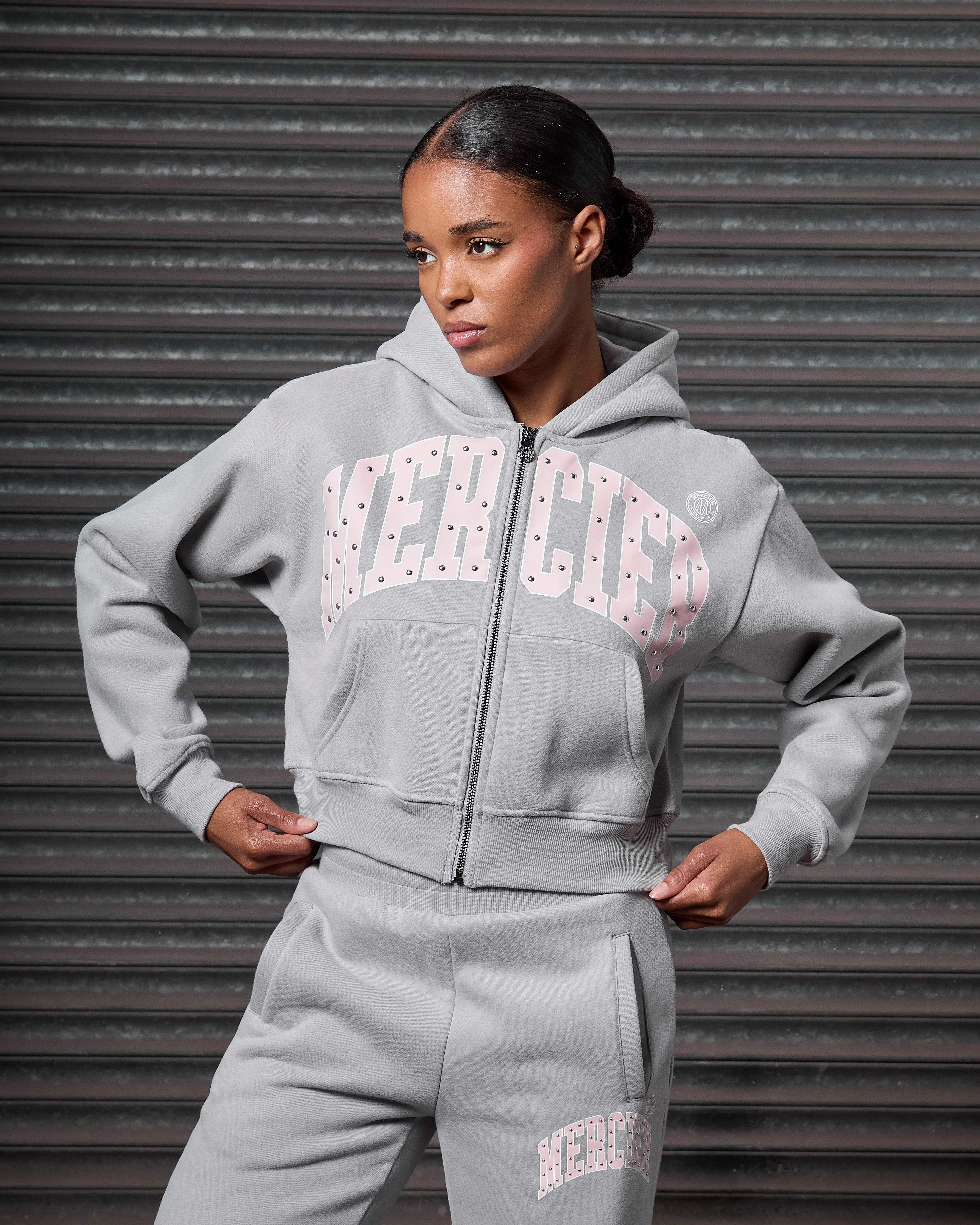 Womens Studded Zip Hoodie Grey - Image 7